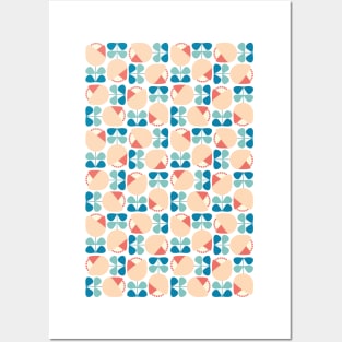 Retro Geometric Floral Pattern Blue, Peach, Coral Posters and Art